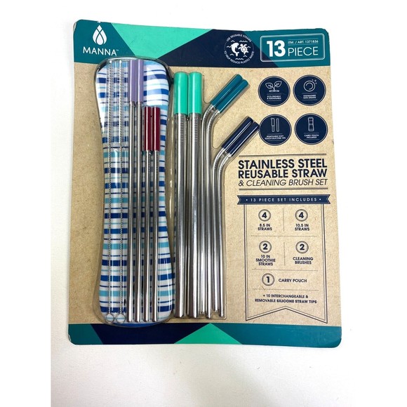 Manna Stainless Steel Reusuable Straws 13 Piece Set with Cleaning Brushes NEW - Picture 1 of 7